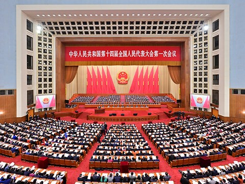 十四届全国人大一次会议举行第二次全体会议 习近平等在主席台就座